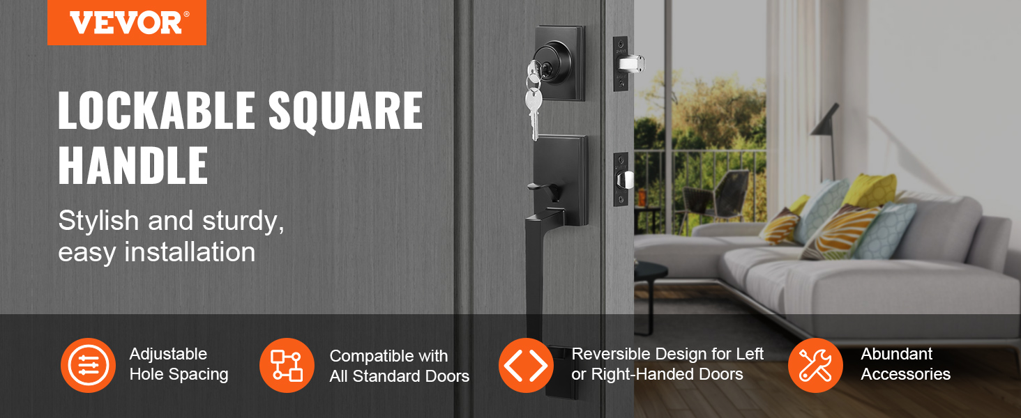 VEVOR front door handle set with lockable square handle, easy installation, and compatible with all doors.