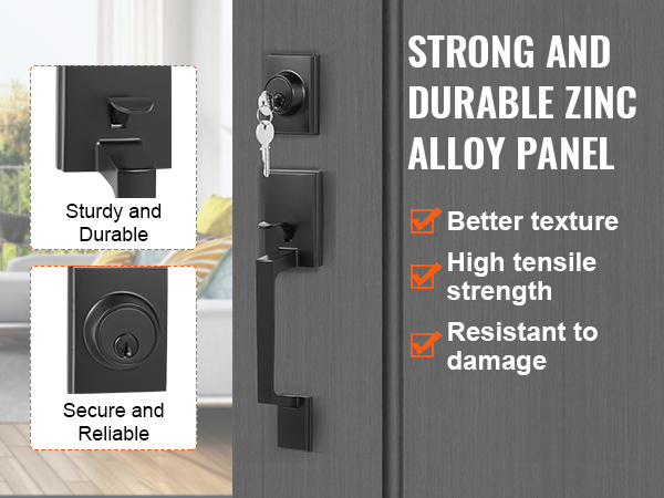 VEVOR front door handle set: sturdy, secure, zinc alloy panel, high tensile strength, damage resistant.