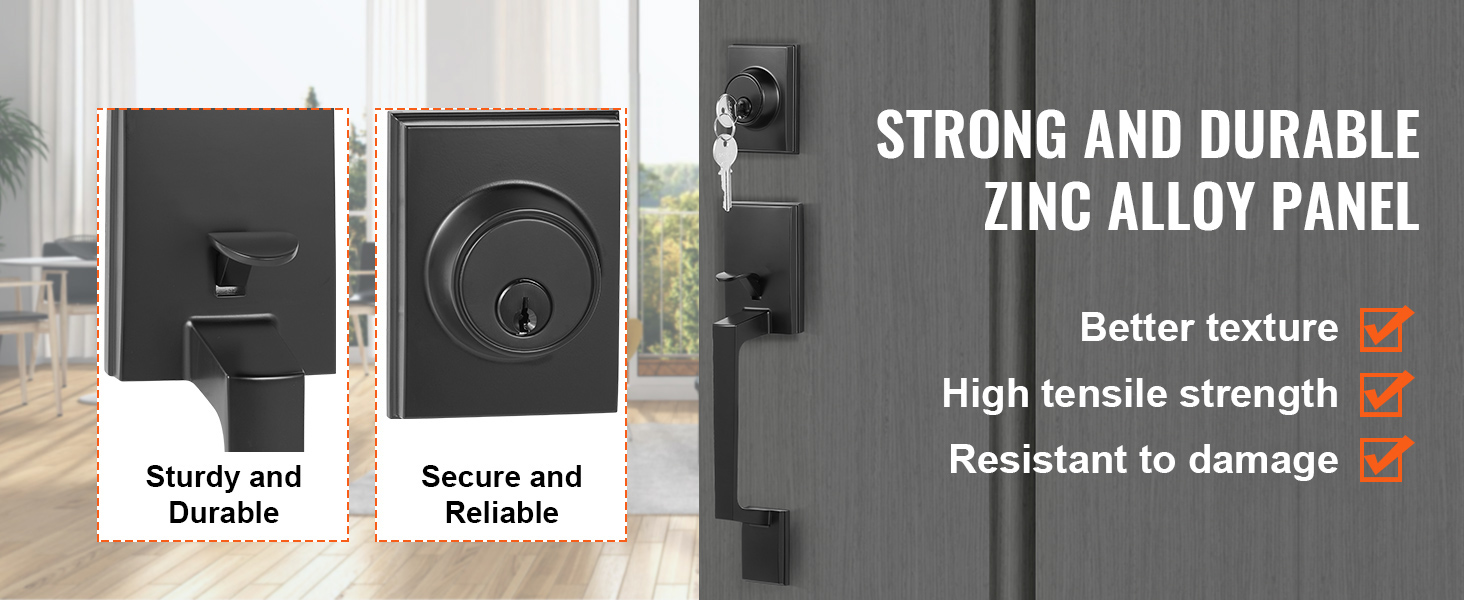 VEVOR front door handle set: sturdy, secure, zinc alloy panel, high tensile strength, damage resistant.