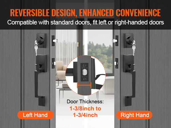 VEVOR front door handle set, reversible design fits standard, left-hand, and right-hand doors.