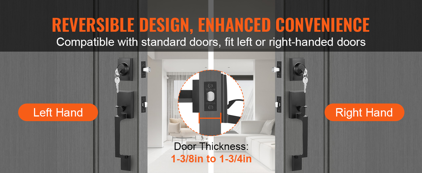 VEVOR front door handle set, reversible design fits standard, left-hand, and right-hand doors.