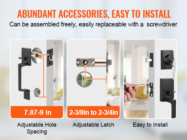 VEVOR front door handle set with adjustable hole spacing and latch, easy to install with a screwdriver.