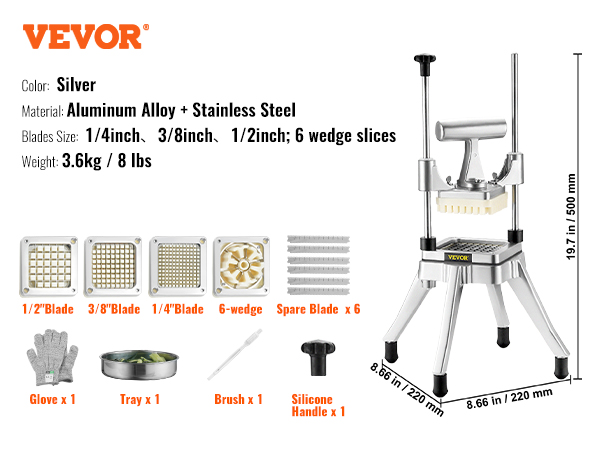 VEVOR vegetable chopper with stainless steel blades, includes glove, tray, brush, and silicone handle.