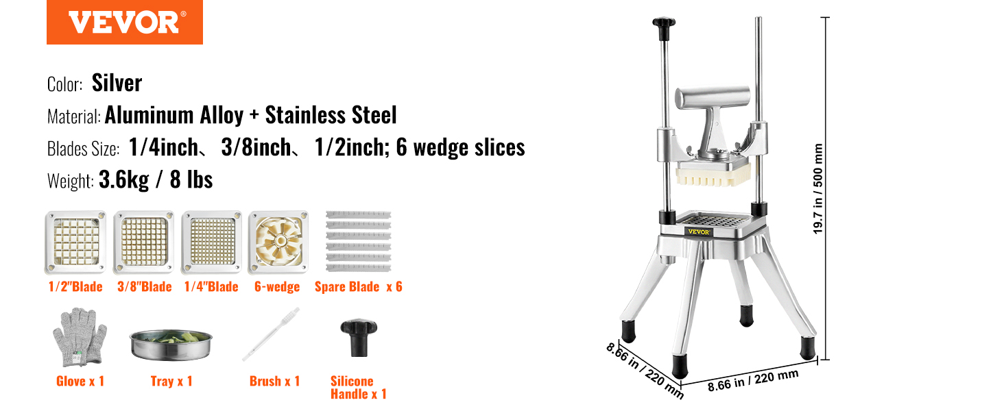 VEVOR vegetable chopper with stainless steel blades, includes glove, tray, brush, and silicone handle.