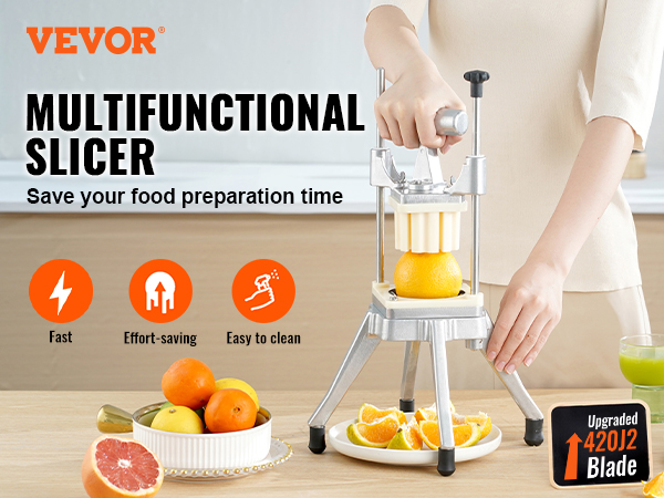 VEVOR vegetable chopper showcased cutting oranges with ease. fast, effort-saving, and easy to clean.