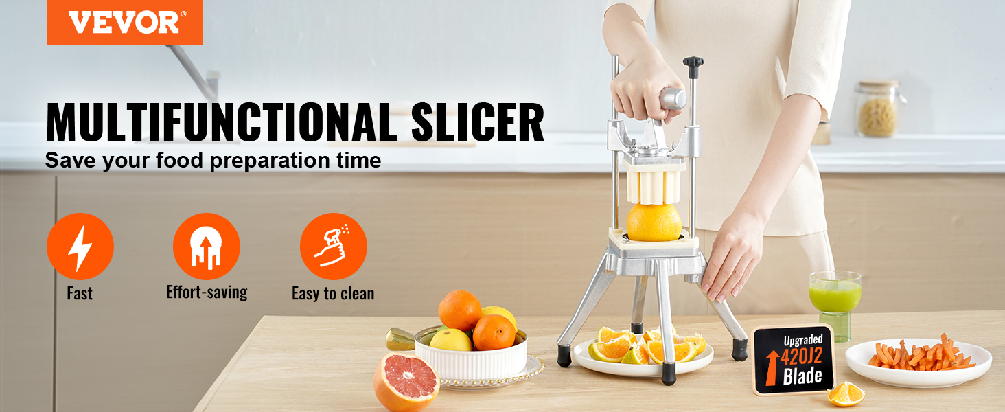 VEVOR vegetable chopper showcased cutting oranges with ease. fast, effort-saving, and easy to clean.