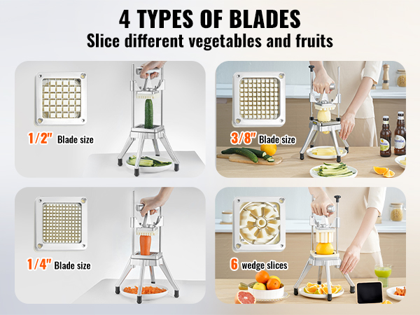 VEVOR vegetable chopper with 4 blade types for slicing cucumbers, apples, carrots, and oranges.