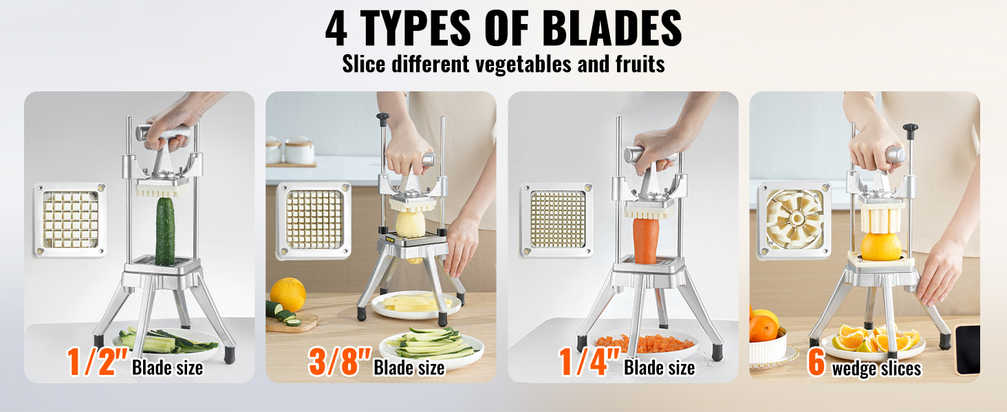 VEVOR vegetable chopper with 4 blade types for slicing cucumbers, apples, carrots, and oranges.
