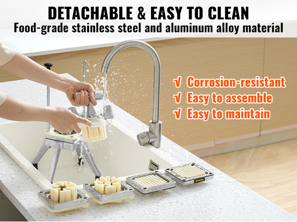 person washing detachable parts of a VEVOR vegetable chopper in a kitchen sink, highlighting easy cleaning.