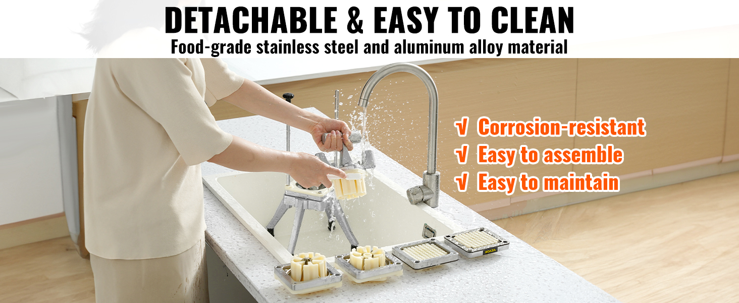 person washing detachable parts of a VEVOR vegetable chopper in a kitchen sink, highlighting easy cleaning.
