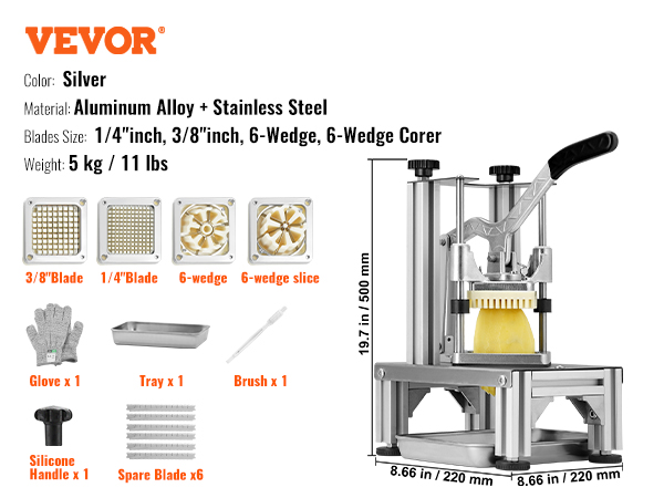 VEVOR french fry cutter with aluminum alloy and stainless steel, various blades, glove, tray, and brush.