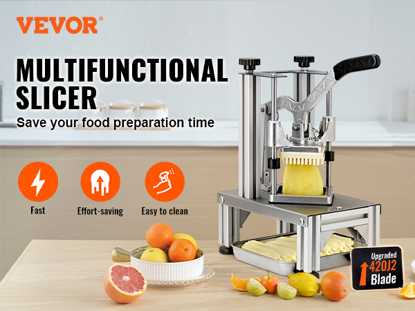 VEVOR french fry cutter with upgraded blade, fruits, and vegetables on a kitchen counter.