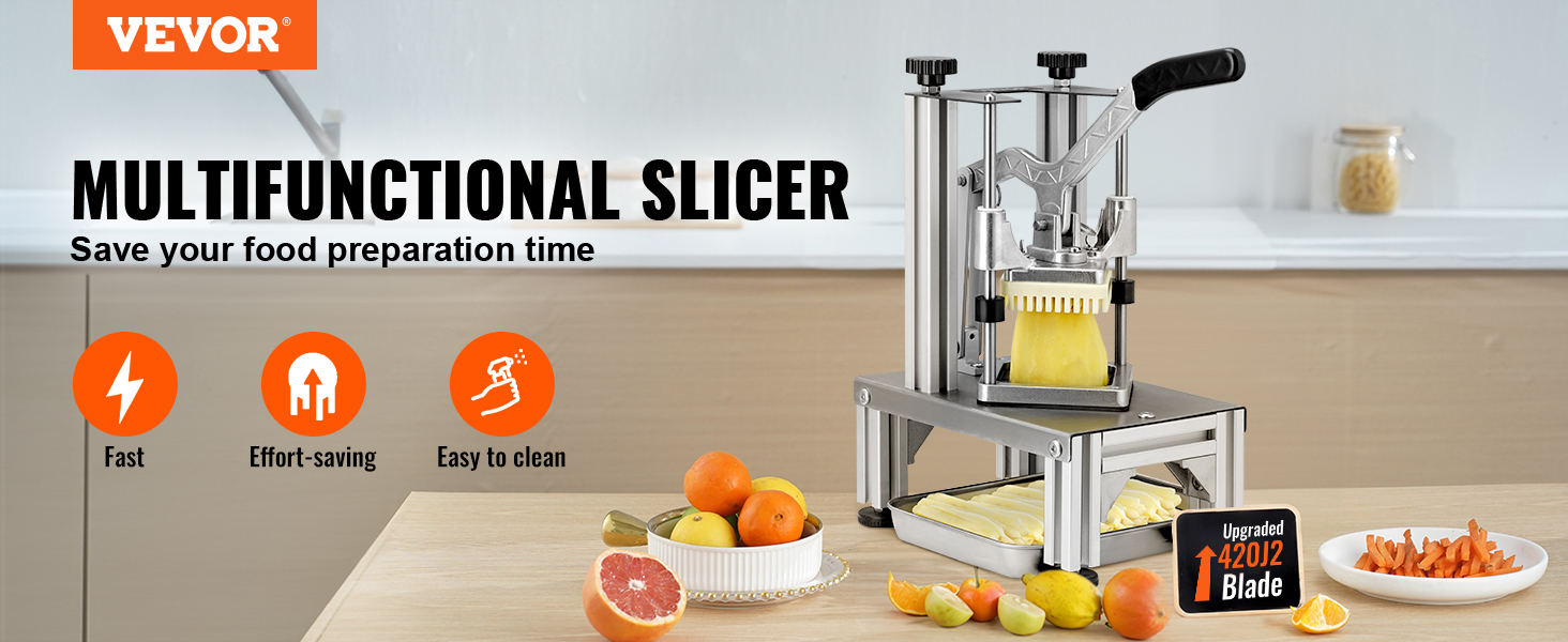 VEVOR french fry cutter with upgraded blade, fruits, and vegetables on a kitchen counter.