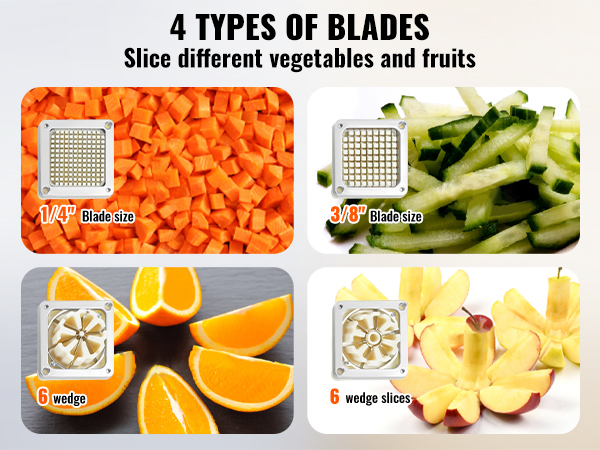 4 blade types shown on VEVOR french fry cutter: 1/4" diced, 3/8" sliced, 6 wedge orange, 6 wedge apple.