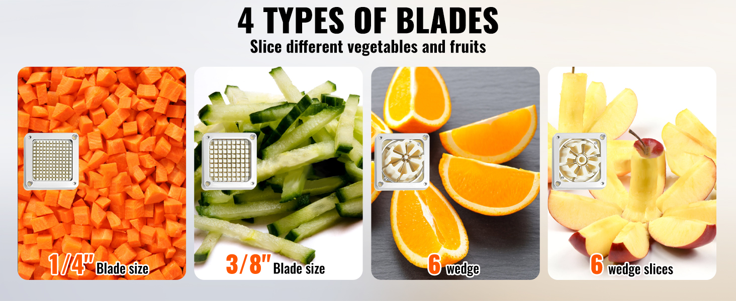 4 blade types shown on VEVOR french fry cutter: 1/4" diced, 3/8" sliced, 6 wedge orange, 6 wedge apple.