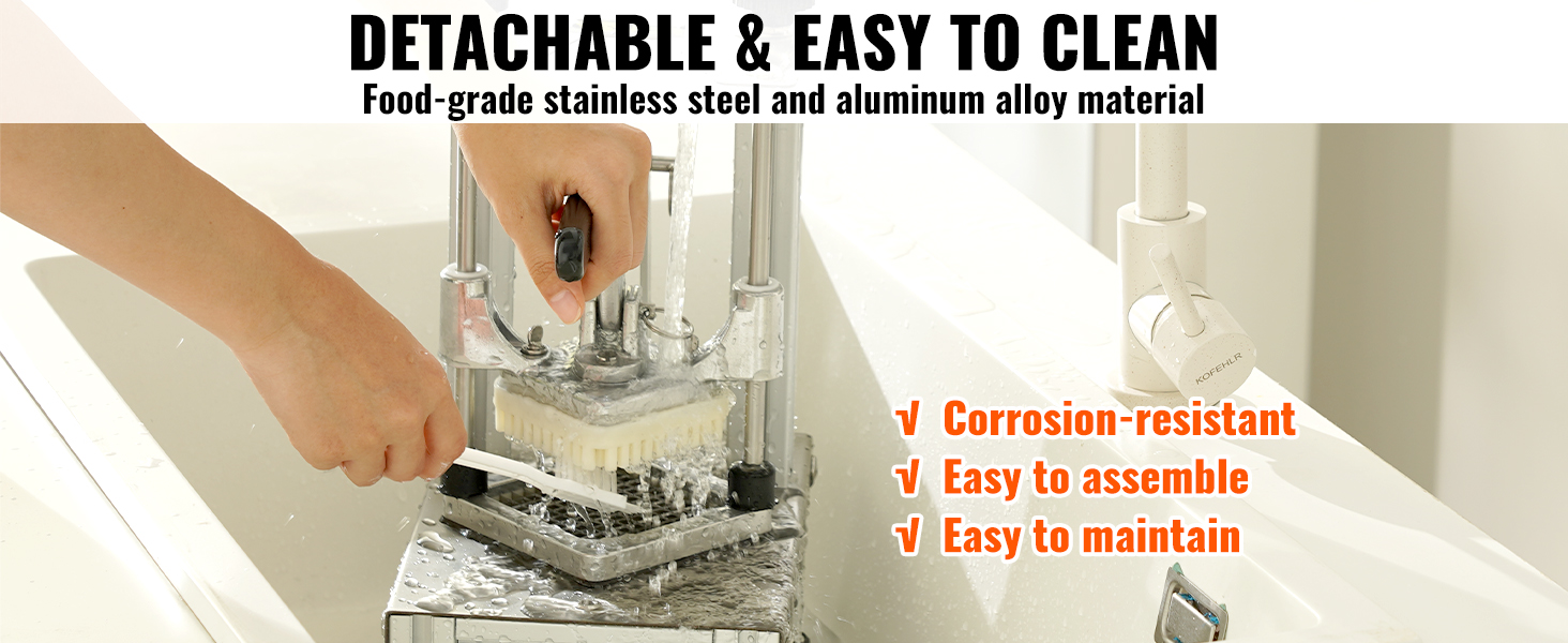 cleaning the VEVOR french fry cutter's stainless steel and aluminum parts in a kitchen sink.