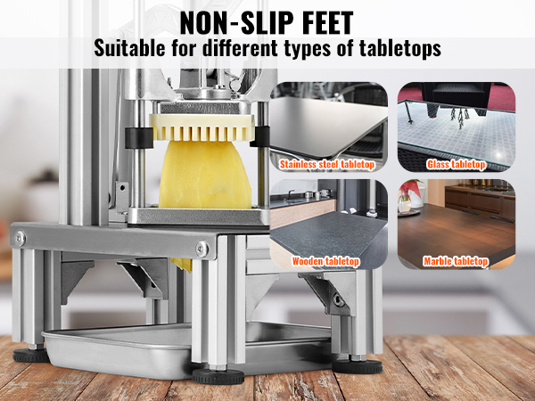 VEVOR french fry cutter with non-slip feet, works on stainless steel, glass, wooden, and marble tabletops.