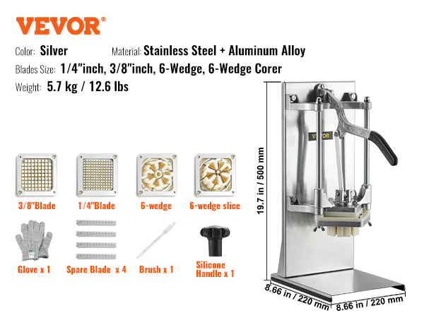 VEVOR french fry cutter with stainless steel, multiple blades, and accessories, silver color.