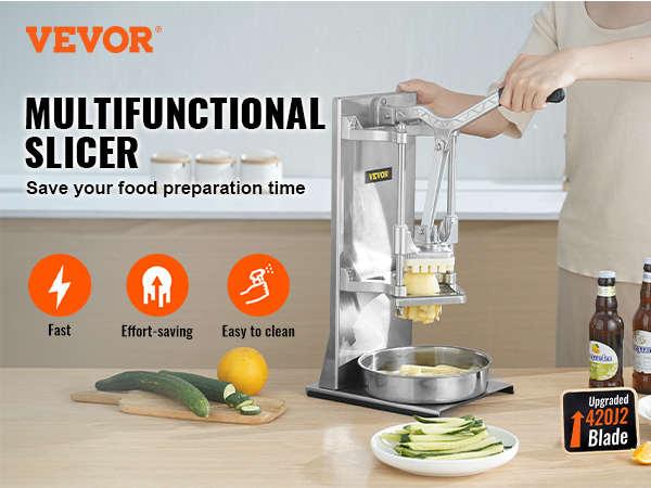 VEVOR french fry cutter slicing vegetables on a kitchen counter with bottles and cucumbers nearby.
