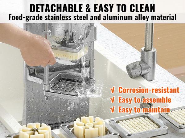 VEVOR french fry cutter being washed, showcasing corrosion-resistant stainless steel and easy maintenance.