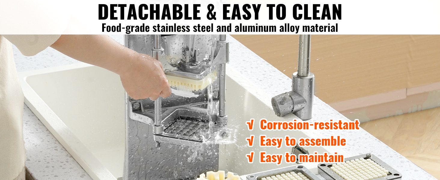 VEVOR french fry cutter being washed, showcasing corrosion-resistant stainless steel and easy maintenance.