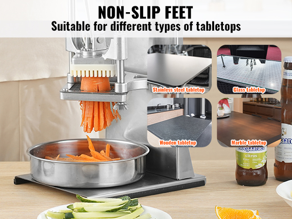 VEVOR french fry cutter with non-slip feet, suitable for stainless steel, glass, wooden, marble tabletops.