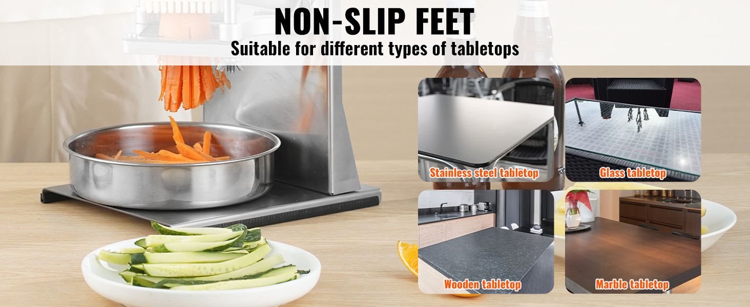 VEVOR french fry cutter with non-slip feet, suitable for stainless steel, glass, wooden, marble tabletops.