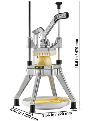 VEVOR vegetable chopper with lever handle, showing dimensions 18.5 x 8.66 x 8.66 in (470 x 220 x 220 mm).