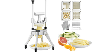 VEVOR vegetable chopper with interchangeable blades, safety gloves, and sliced fruits and vegetables.