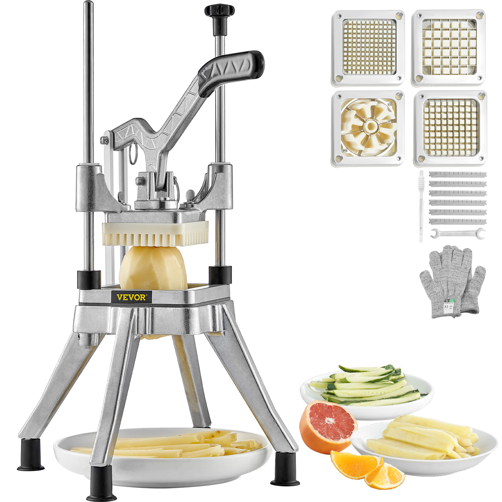 VEVOR vegetable chopper with cutting blades, gloves, and assorted sliced vegetables in dishes.