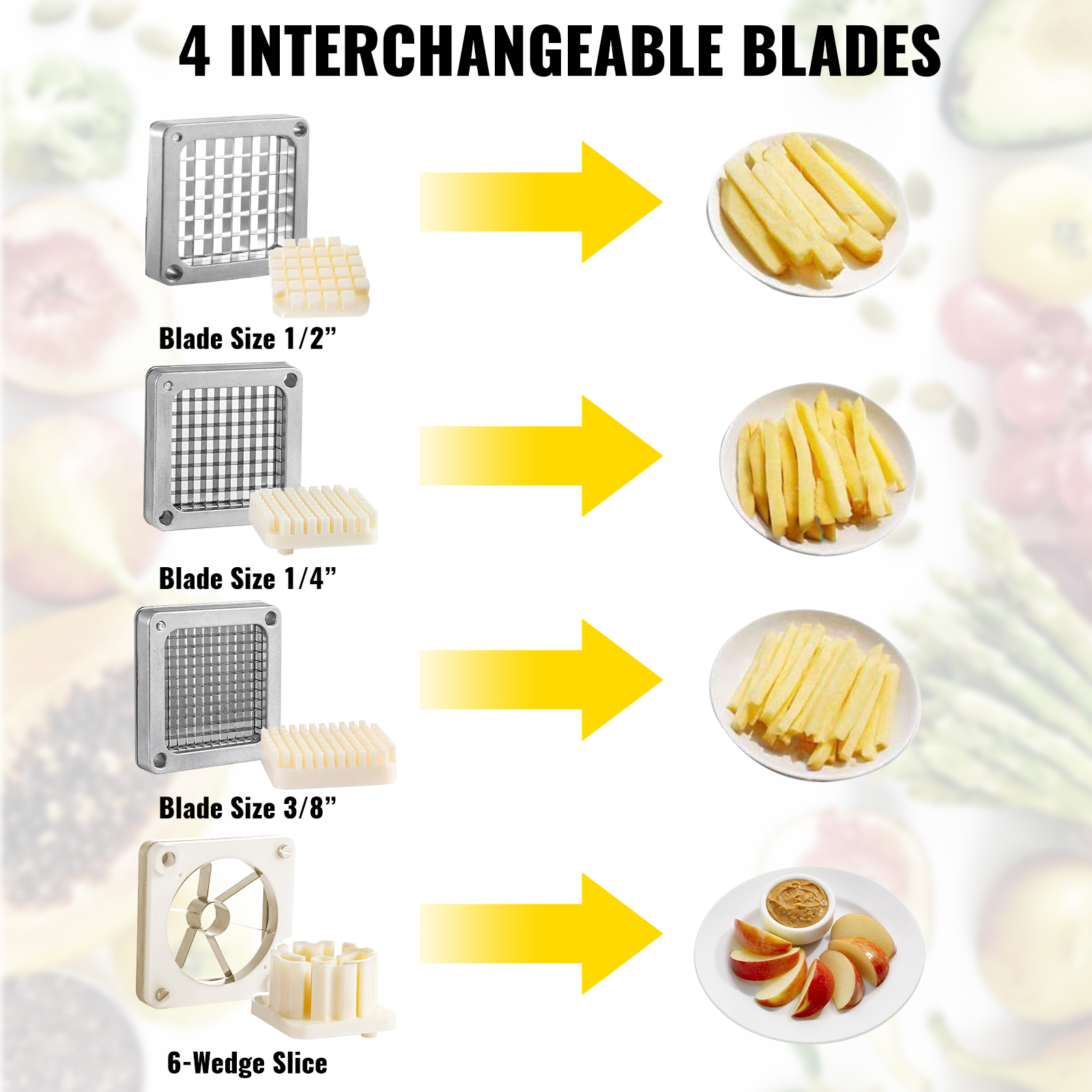 VEVOR vegetable chopper with 4 interchangeable blades for various slicing and dicing sizes.