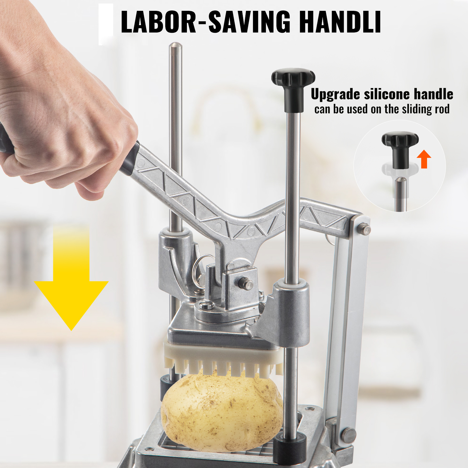 hand pressing VEVOR vegetable chopper with labor-saving handle slicing a potato.