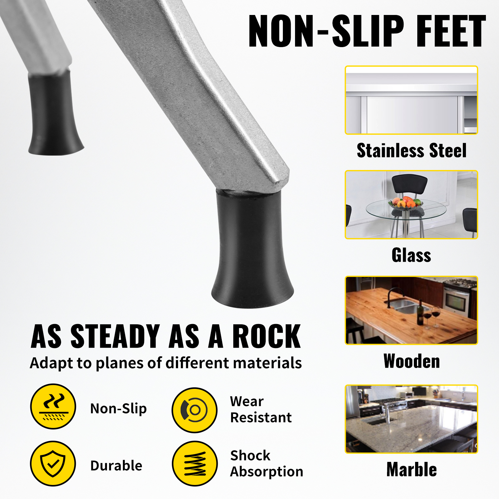 non-slip feet close-up on stainless steel, glass, wooden, and marble surfaces; labeled features included.