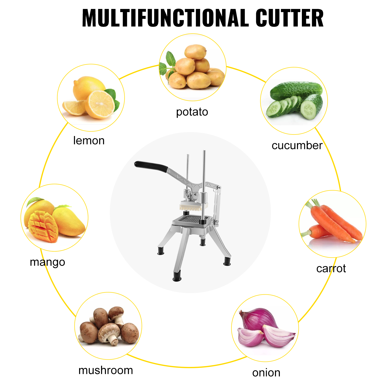 VEVOR vegetable chopper and fruits around it, labeled: lemon, mango, mushroom, potato, cucumber, carrot, onion.