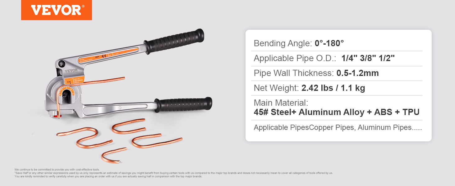 VEVOR pipe tube bender with ergonomic handles, bending angles 0°-180°, and applicable pipe details.
