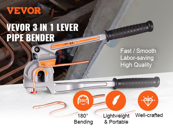 VEVOR pipe tube bender showcased with bent copper tubes, features include 180° bends, portability, and quality.