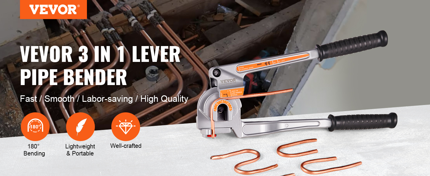 VEVOR pipe tube bender showcased with bent copper tubes, features include 180° bends, portability, and quality.