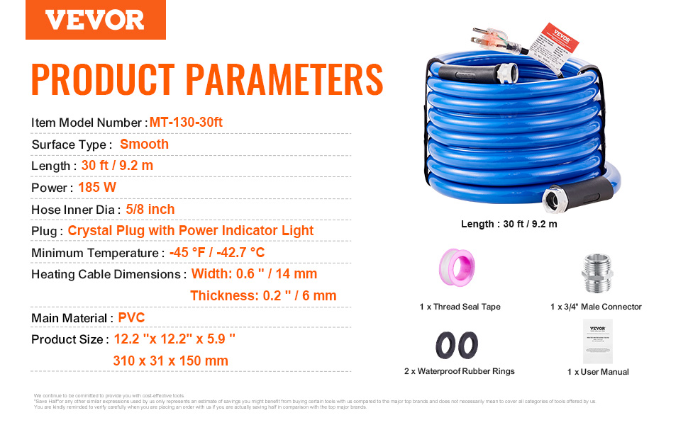 VEVOR heated water hose, 30 ft, 185w, 5/8 inch, crystal plug, smooth pvc for -45°f, complete accessories.