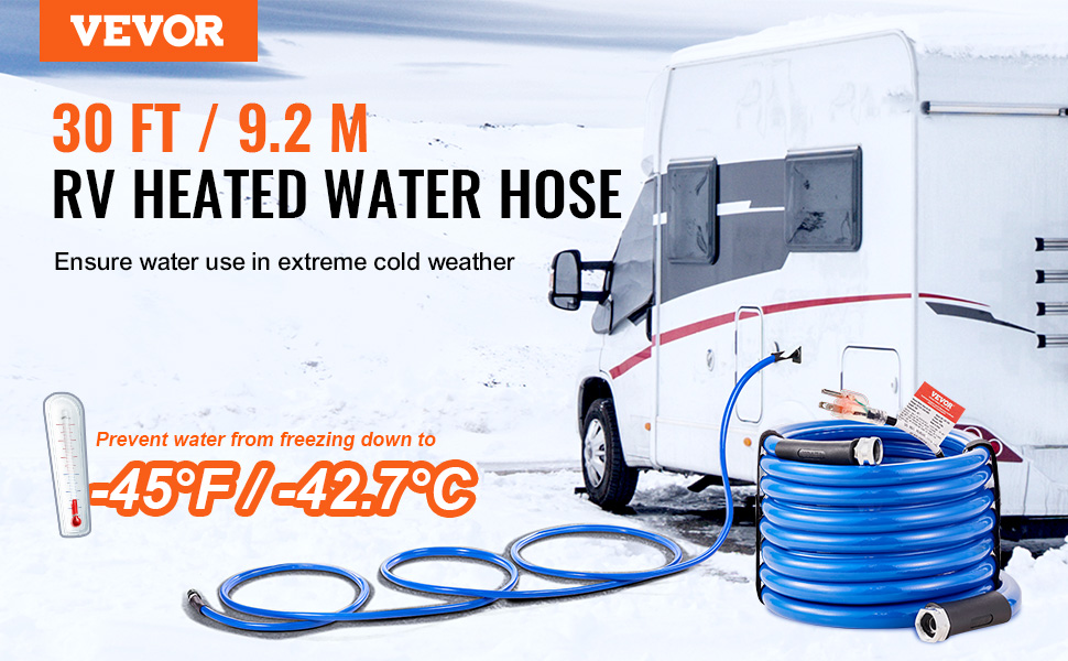 VEVOR heated water hose, 30 ft rv hose in front of an rv in snowy conditions prevents water freezing.