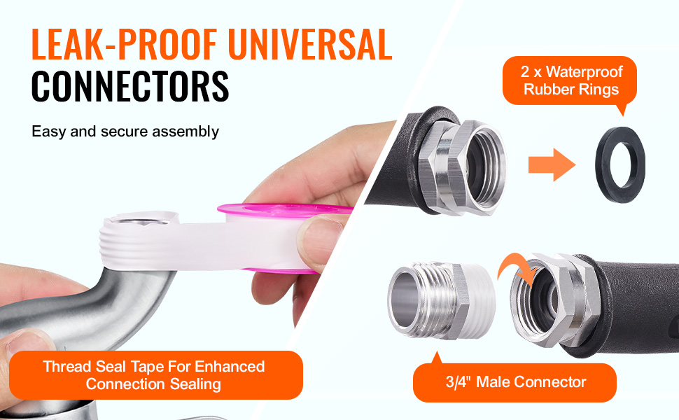 leak-proof universal connectors assembly with waterproof rubber rings and thread seal tape for VEVOR heated water hose.