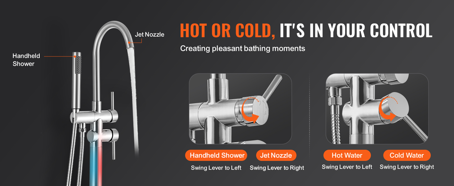VEVOR freestanding bathtub faucet with handheld shower, jet nozzle, and hot/cold water control.