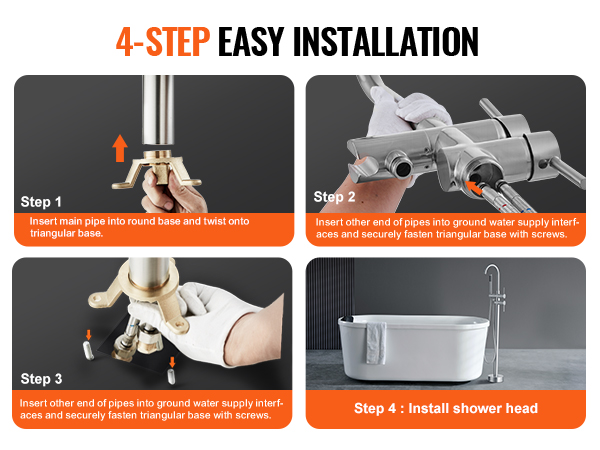 4-step easy installation of VEVOR freestanding bathtub faucet: connect pipes, secure base, install showerhead.