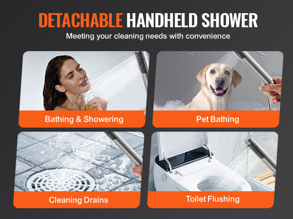 detachable handheld shower for bathing, pet bathing, cleaning drains, and toilet flushing.
