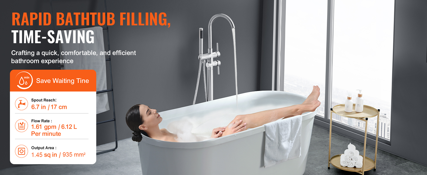 VEVOR freestanding bathtub faucet with rapid bathtub filling for a quick, comfortable bathroom experience.