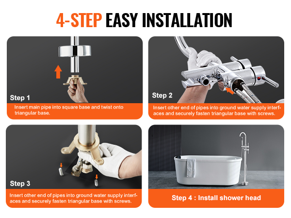4-step easy installation guide for VEVOR freestanding bathtub faucet with images of each step.