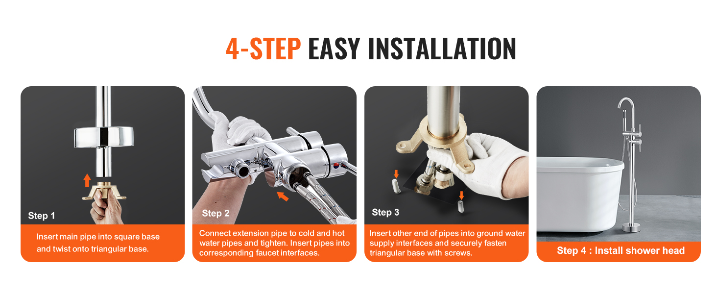 4-step easy installation guide for VEVOR freestanding bathtub faucet with images of each step.