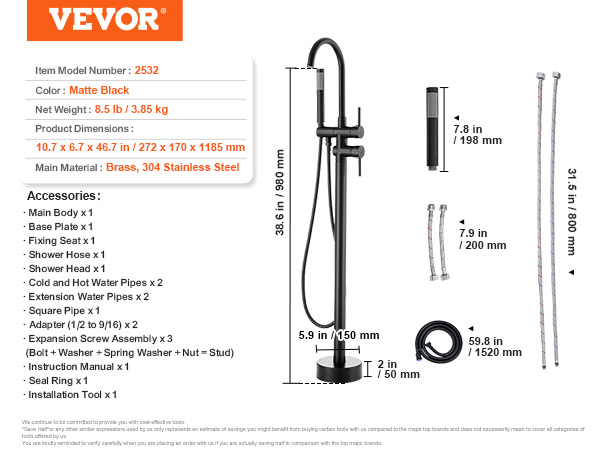 VEVOR freestanding bathtub faucet in matte black with detailed dimensions and included accessories.