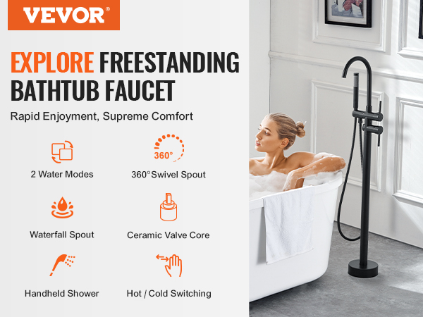 VEVOR freestanding bathtub faucet with handheld shower, 360° swivel spout, and ceramic valve core.