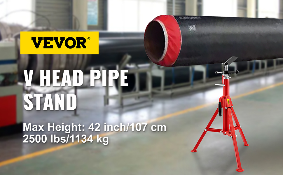VEVOR pipe stand with v head, max height 42 inches, 2500 lbs capacity.