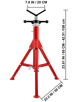 red VEVOR pipe stand with adjustable height and tripod base, measurement details included.